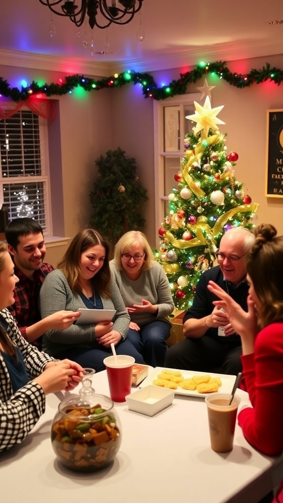 A lively Christmas party with guests playing games and enjoying holiday decorations.